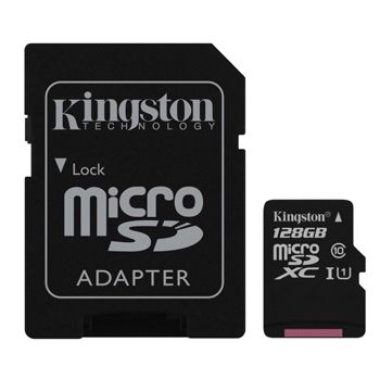 KINGSTON, 128GB MicroSD SDHC/SDXC, Class 10, Read 10MB/s, with standard SD adaptor.
