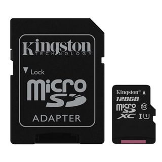 KINGSTON, 128GB MicroSD SDHC/SDXC, Class 10, Read 10MB/s, with standard SD adaptor.
