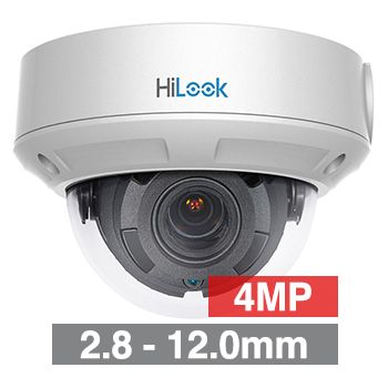 HILOOK, 4MP HD-IP Outdoor Vandal Dome camera, White, 2.8-12.0mm motorised zoom lens, 30m IR, 120dB WDR, Day/Night (ICR), 1/3" CMOS, H.265/H.265+, SD card slot, IP67, IK10, Tri-axis, 12V DC/PoE