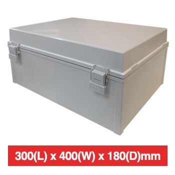 NETDIGITAL, Plastic Enclosure, Grey, 300(L) x 400(W) x 180(D)mm (internal measurements), IP66, hinged lid.