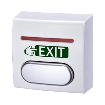 GEM, Surface exit button with indication, Wall mounted, Labelled "Exit", White body with silver button, Dual colour LED with setup options, Built-in timer, N/O and N/C contacts, 12 - 24V DC