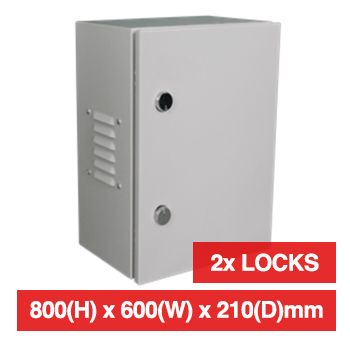 PSS, Enclosure, Metal, Beige, Weather resistant, IP55 rated with vents open or IP66 with vents sealed, 800(H) x 600(W) x 210(D)mm, With keyed cabinet lock.