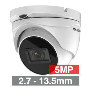 HIKVISION, 5MP Analogue HD outdoor Turret camera, White, 2.7-13.5mm motorised zoom lens, TVI/AHD/CVI/CVBS, 60m IR, 130dB WDR, Day/Night (ICR), IP67, Tri-axis, 12V DC/24V AC