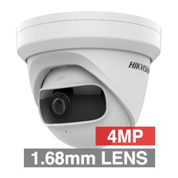 HIKVISION, 4MP Ultra Wide HD-IP Turret camera, White, 1.68mm fixed lens, 10m IR, 170 Degree view, Day/Night (ICR), 1/2.7" CMOS, H.265/H.265+, Tri-axis, 12V DC/PoE