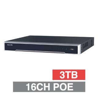 HIKVISION, HD-IP PoE NVR, 16 channel POE (IEEE 802.3af/at), 160Mbps bandwidth, 1x 3TB SATA HDD (2x 10TB max), VMD, Ethernet, 1x USB2.0 & 1x USB3.0, 1 Audio In/Out, HDMI/VGA