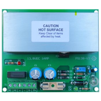 NETDIGITAL, 13.8V DC 1 Amp Power Supply module, battery charge output, Variable voltage adjustment, Fuse protection, requires 16V AC plug pack
