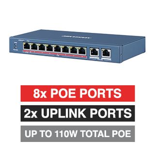 HIKVISION, 8 Port Ethernet POE network switch, Non-managed, 8x 10/100Mbps PoE ports, 2x 10/100Mbps Uplink port, Max port output 60W power, Total POE power up to 110W, IEEE802.3af/at
