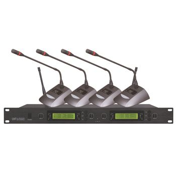 CMX, 4 channel UHF Wireless microphone, 915-928MHz, 4x tabletop microphones, 1RU receiver, 4 balanced outputs, 6.35 mixed output