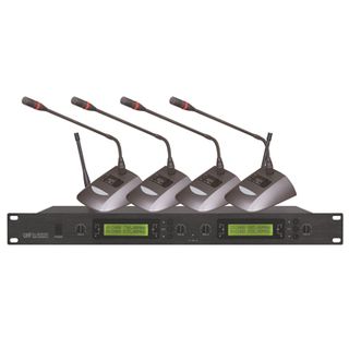 CMX, 4 channel UHF Wireless microphone, 915-928MHz, 4x tabletop microphones, 1RU receiver, 4 balanced outputs, 6.35 mixed output