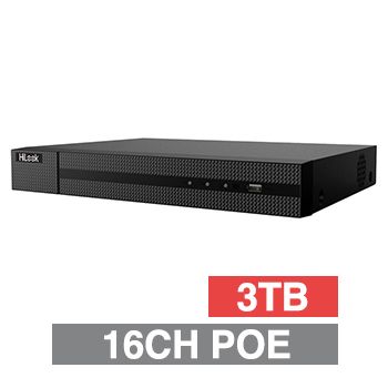 HILOOK, HD-IP PoE NVR, 16 channel POE (802.3af/at), 160Mbps bandwidth, 1x 3TB SATA HDD (up to 2x 8TB), VMD, USB/Network backup, Ethernet, 2x USB2.0, 1 Audio In/Out, HDMI/VGA (simultaneous), Smartphone