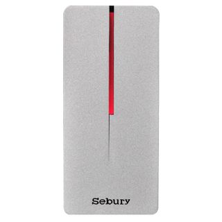 SEBURY, Metal Proximity reader, Slimline, 26 Bit Wiegand output, EM, HID and Mifare compatible, Up to 50mm read range, Silver metal body, Red LED, IP65, 12V DC,
