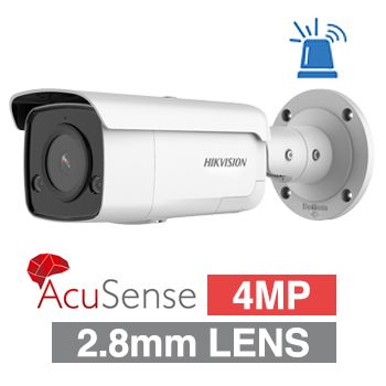 HIKVISION, 4MP AcuSense G2 HD-IP outdoor Bullet camera w/ 2-way audio, strobe & audible alarm (LiveGuard), White, 2.8mm fixed lens, 60m IR, WDR, Microphone, I/O (Alarm & Audio), IP67, 12V DC/POE