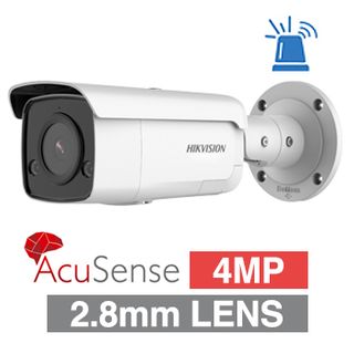 HIKVISION, 4MP AcuSense G2 HD-IP Outdoor Bullet camera with strobe, audible alarm & 2 way audio, White, 2.8mm fixed, 60m IR, WDR, 1/2.7" CMOS, H.265/H.265+, IP66, 12V DC/PoE