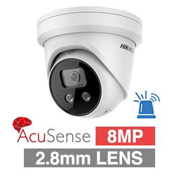 HIKVISION, 8MP AcuSense G2 HD-IP outdoor Turret camera w/ 2-way audio, strobe & audible alarm (LiveGuard), White, 2.8mm fixed lens, 30m IR, WDR, Microphone, I/O (Alarm & Audio), IP66, 12V DC/POE