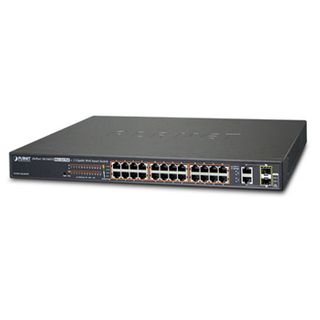 PLANET, 24 Port 10/100 Mbits POE Managed switch, 24 Ports 10/100 Mbits + 2 Gbit Ports 30.8 Watt IEEE 802.3af, 19" 1 RU rack mounting, 220W output max,