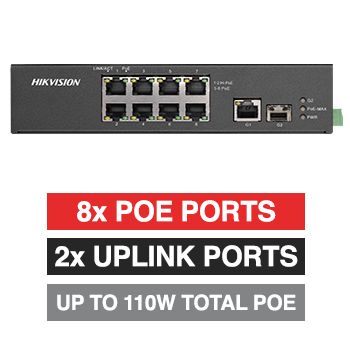 HIKVISION, 8 Port Industrial POE network switch, Non-managed, 8x 10/100Mbps PoE ports (2x Hi-PoE), 1x 1000Mbps uplink, 1x SFP Uplink port,Total POE power up to 110W, IEEE802.3af/at, 48-57V DC