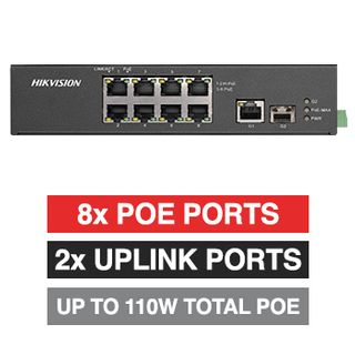 HIKVISION, 8 Port Industrial POE network switch, Non-managed, 8x 10/100Mbps PoE ports (2x Hi-PoE), 1x 1000Mbps uplink, 1x SFP Uplink port,Total POE power up to 110W, IEEE802.3af/at, 48-57V DC
