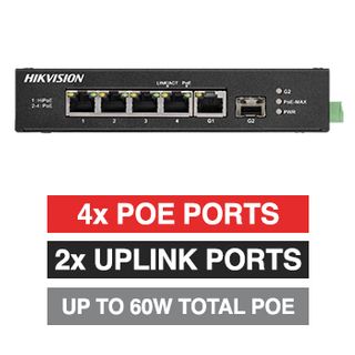 HIKVISION, 4 Port Industrial POE network switch, Non-managed, 4x 10/100Mbps PoE ports (1x Hi-PoE), 1x 1000Mbps uplink, 1x SFP Uplink port,Total POE power up to 60W, IEEE802.3af/at, 48-57V DC