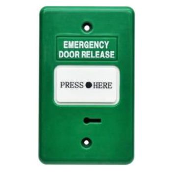 SECOR, Call point, Green, Unit reads "Emergency Door Release", Call point reads "Press Here", Key resettable, 2 pole, IP55, Standard GPO size