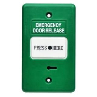 SECOR, Call point, Green, Unit reads "Emergency Door Release", Call point reads "Press Here", Key resettable, 2 pole, IP55, Standard GPO size