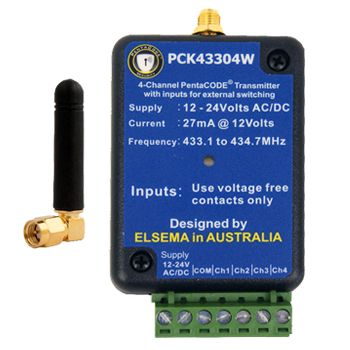 ELSEMA, PentaCODE Transmitter, 4 Channel, Fixed with external inputs, 433 MHz FM signal, N/O & N/C contacts, 12-24V AC or DC, includes mini antenna