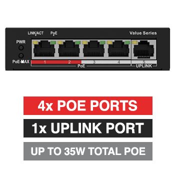 HILOOK, 4 Port Ethernet POE network switch, Unmanaged, 4x 10/100Mbps PoE ports, 1x 10/100Mbps Uplink port, Max port output 8.75W power, Total POE power up to 35W, IEEE802.3af,