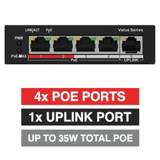 HILOOK, 4 Port Ethernet POE network switch, Unmanaged, 4x 10/100Mbps PoE ports, 1x 10/100Mbps Uplink port, Max port output 8.75W power, Total POE power up to 35W, IEEE802.3af,