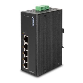 PLANET, 5 Port Industrial switch, 5 10/100 Mbps POE 15.4 Watt ports, Hardened -40 to +75 degrees C, IP30 case, DIN rail and wall mount