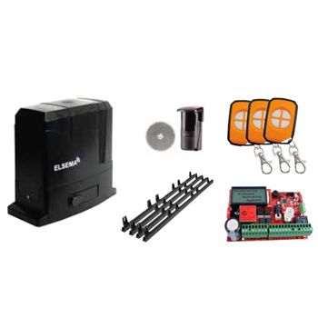 ELSEMA, Automatic Sliding Gate Kit, Incl Sliding Gate Motor, 3 x Pentafob remotes, 1 x Reflector Beam & 4 x Nylon gear racks with mouting screws. Suitable for gates up to 900kg.