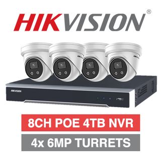 HIKVISION, 8 channel HD-IP 6MP turret kit, Includes 1x DS-7608NI-M2-8P-4T 8ch POE NVR w/ 4TB HDD & 4x DS-2CD2366G2-I-2.8 6MP IP IR turret cameras w/ 2.8mm fixed lens