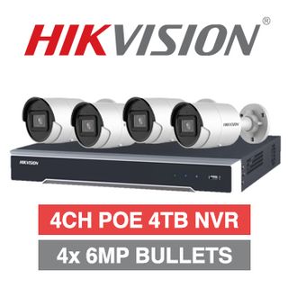 HIKVISION, 4 channel HD-IP 6MP bullet kit, Includes 1x DS-7604NI-M1/4P 4ch POE NVR w/ 4TB HDD & 4x DS-2CD2066G2-IU-2.8 6MP IP IR bullet cameras w/ 2.8mm fixed lens