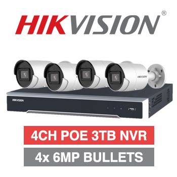 HIKVISION, 4 channel HD-IP 6MP bullet kit, Includes 1x DS-7604NI-I1/4P 4ch POE NVR w/ 3TB HDD & 4x DS-2CD2066G2-IU-2.8 6MP IP IR bullet cameras w/ 2.8mm fixed lens