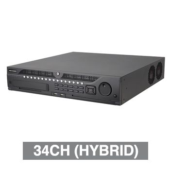 HIKVISION, Hybrid DVR, 34 channel (max 18x IP & 16x anaolgue), 1x 3TB SATA HDD, (8x 10TB max), RAID, 2 x Ethernet, 2x USB2.0 & 1x USB3.0, Audio In/Out, 2x HDMI/1x BNC, supports TVI, AHD, CVI & CVBS
