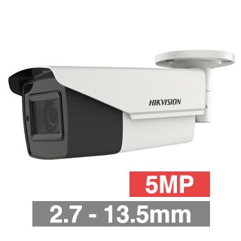 HIKVISION, 5MP Analogue HD outdoor Bullet camera, White, 2.7-13.5mm motorised zoom lens, TVI/AHD/CVI/CVBS, 80m IR, 130dB WDR, Day/Night (ICR), IP67, Tri-axis, 12V DC/24V AC