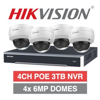 HIKVISION, 4 channel HD-IP 6MP dome kit, Includes 1x DS-7604NI-I1/4P 4ch POE NVR w/ 3TB HDD & 4x DS-2CD2165G0-I-2.8 6MP IP IR dome cameras w/ 2.8mm fixed lens
