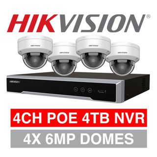 HIKVISION, 4 channel HD-IP 6MP dome kit, Includes 1x DS-7604NI-M1/4P 4ch POE NVR w/ 4TB HDD & 4x DS-2CD2166G2H-ISU-2.8 6MP IP IR dome cameras w/ 2.8mm fixed lens