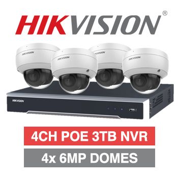 HIKVISION, 4 channel HD-IP 6MP dome kit, Includes 1x DS-7604NI-I1/4P 4ch POE NVR w/ 3TB HDD & 4x DS-2CD2166G2-I-2.8 6MP IP IR dome cameras w/ 2.8mm fixed lens