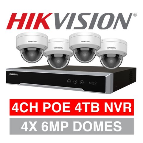 HIKVISION, 4 channel HD-IP 6MP dome kit, Includes 1x DS-7604NI-M1/4P 4ch POE NVR w/ 4TB HDD & 4x DS-2CD2166G2H-ISU-2.8 6MP IP IR dome cameras w/ 2.8mm fixed lens