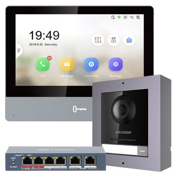 HIKVISION, IP Intercom Kit, Includes 1 x DS-KD8003-IME1 door station module, 1x DS-KD-ACW1 surface mount backbox/frame & 1x DS-3E0106HP-E POE switch