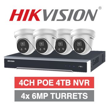 HIKVISION, 4 channel HD-IP 6MP turret kit, Includes 1x DS-7604NI-I1/4P 4ch POE NVR w/ 3TB HDD & 4x DS-2CD2366G2-I-2.8 6MP IP IR turret cameras w/ 2.8mm fixed lens