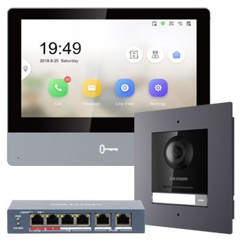 HIKVISION, IP Intercom Kit, Includes 1 x DS-KH8350-WTE1 7" room station, 1 x DS-KD8003-IME1/FLUSH door station & 1 x DS-3E0106HP-E POE switch