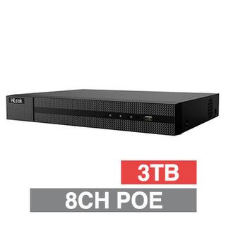 HILOOK, HD-IP PoE NVR, 8 channel POE (802.3af/at), 80Mbps bandwidth, 1x 3TB SATA HDD (up to 1x 6TB), VMD, USB/Network backup, Ethernet, 2x USB2.0, 1 Audio In/Out, HDMI/VGA (simultaneous), Smartphone