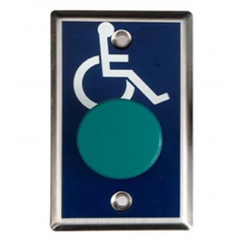 NETDIGITAL, Switch plate, Wall, Wheelchair image on plate, Stainless steel, With green mushroom head push button, N/O and N/C contacts