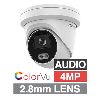 HIKVISION, 4MP ColorVu G2 HD-IP outdoor Turret camera w/ audio, White, 2.8mm fixed lens, 30m White LED, WDR, Microphone, 1/1.8” CMOS, H.265+, IP67, Tri-axis, 12V DC/POE