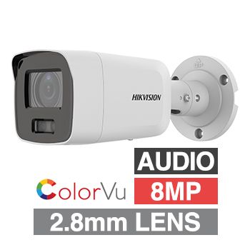 HIKVISION, 8MP ColorVu G2 HD-IP outdoor Bullet camera w/ audio, White, 2.8mm fixed lens, 40m White LED, WDR, Microphone, 1/1.2” CMOS, H.265+, IP67, Tri-axis, 12V DC/POE