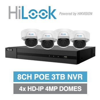 HILOOK, 8 channel HD-IP dome 4MP kit, Includes 1x NVR-108MH-C/8P-3T 8ch POE 'C Series' NVR w/ 3TB HDD & 4x IPC-D140H-M-2.8 4MP IP IR dome cameras w/ 2.8mm fixed lens