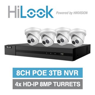 HILOOK, 8 channel HD-IP turret 8MP kit, Includes 1x NVR-108MH-C/8P-3T 8ch POE NVR w/ 3TB HDD & 4x IPC-T280H-M-2.8 8MP IP IR turret cameras w/ 2.8mm fixed lens