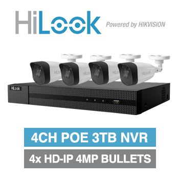 HILOOK, 4 channel HD-IP bullet 4MP kit, Includes 1x NVR-104MH-K/4P-3T 4ch POE 'K Series' NVR w/ 3TB HDD & 4x IPC-B140H-M-2.8 4MP IP IR bullet cameras w/ 2.8mm fixed lens