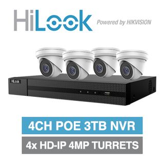 HILOOK, 4 channel HD-IP turret 4MP kit, Includes 1x NVR-104MH-K/4P-3T 4ch POE NVR w/ 3TB HDD & 4x IPC-T240H-M-2.8 4MP IP IR turret cameras w/ 2.8mm fixed lens