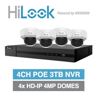 HILOOK, 4 channel HD-IP dome 4MP kit, Includes 1x NVR-104MH-K/4P-3T 4ch POE NVR w/ 3TB HDD & 4x IPC-D140H-M-2.8 4MP IP IR dome cameras w/ 2.8mm fixed lens